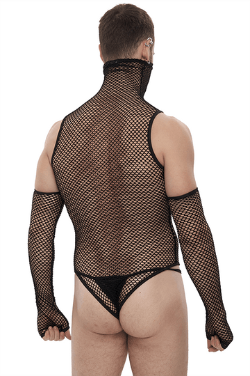 Mesh High Collar Bodysuit / Men's Sexy Bodysuit With Gloves